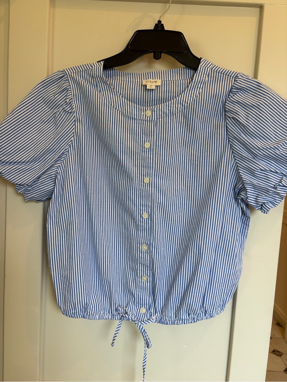 J. Crew Blue and White Striped Puff-Sleeve Button-Front Top with Drawstring